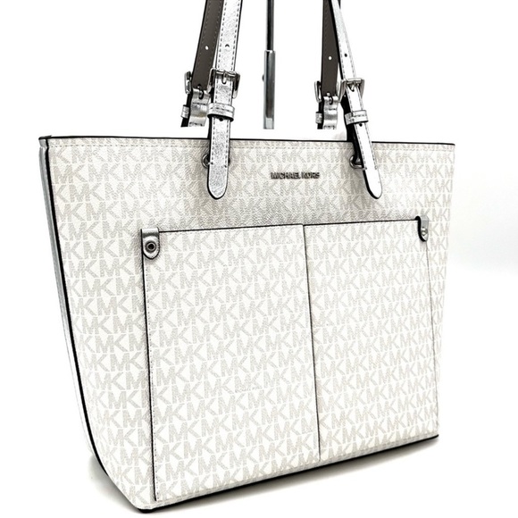 Michael Kors Jet Set Medium Logo Pocket Tote Bag Vanilla/Grey - Picture 3 of 13